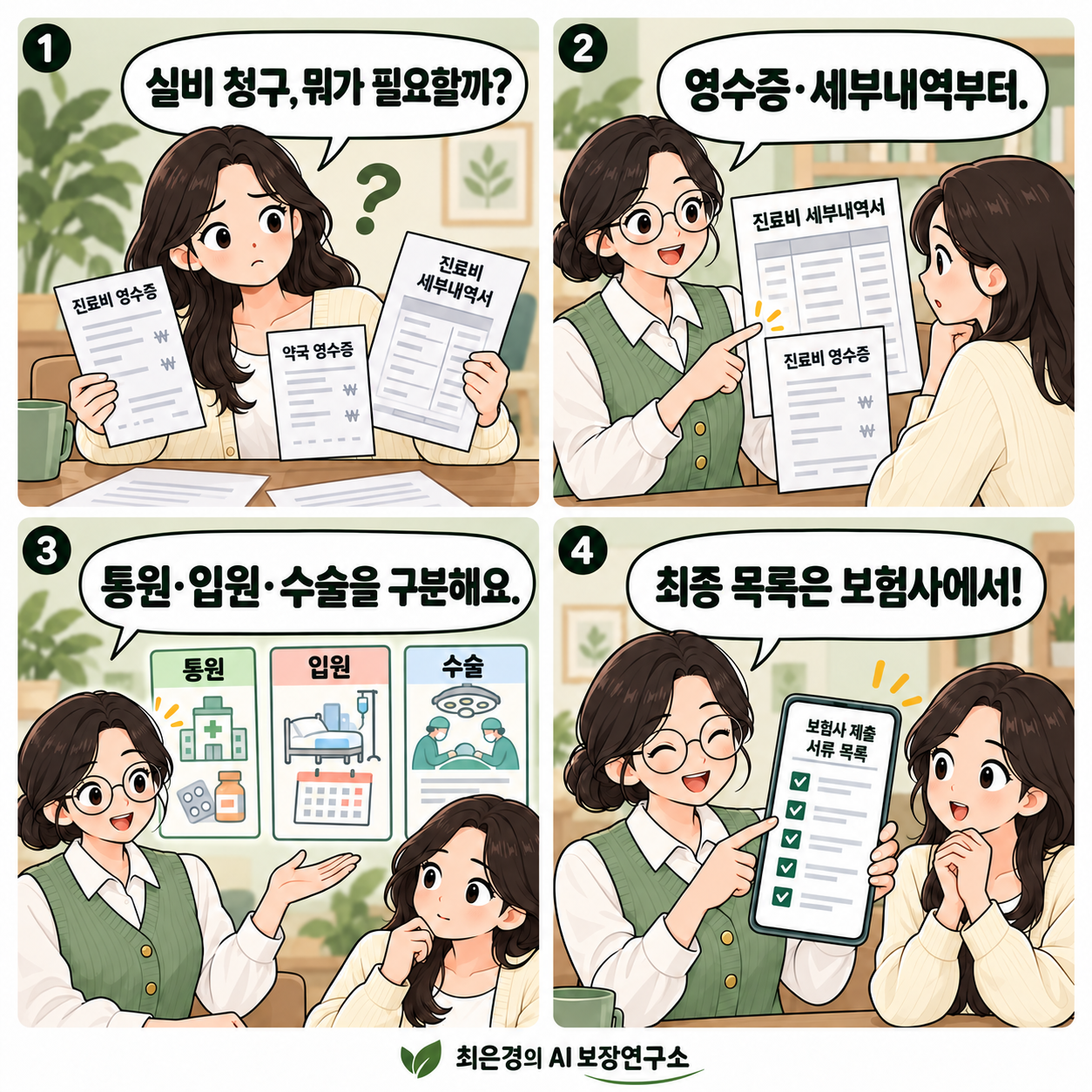 실비보험 청구서류, 병원에 가기 전 이 순서로 확인하세요 · 가상 인물 4컷 웹툰